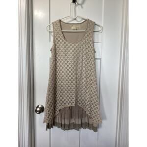 A'reve Women's Pleated tiered ruffle Lace Boho Mini Dress Taupe Beige Size Small